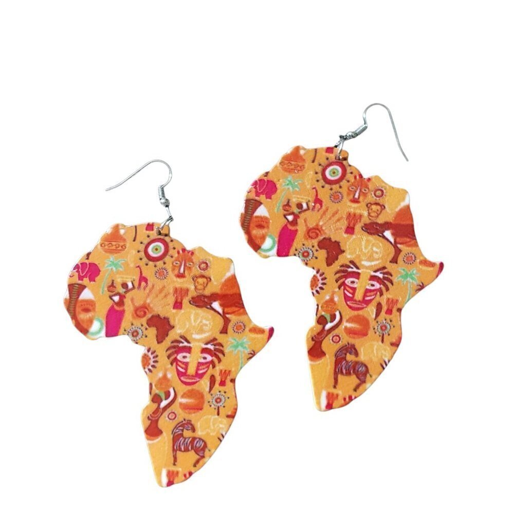 Womens Africa Map African American Wooden Painted Retro French Hook Earrings